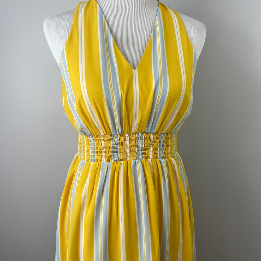 Ann Taylor Petite Yellow Striped Smocked Waist Maxi / Midi Dress SP 538367 NWT - Picture 3 of 11